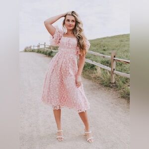 Women’s Pink Lace Midi Dress - Elegant Square Neck